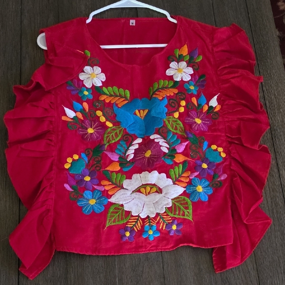 Red Embroidered Floral Ruffle Women's Top - Picture 3 of 16